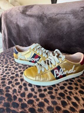 Gucci Metallic Yellow Sneakers with Red and Navy Heel Tabs